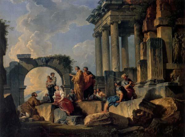 Panini, Giovanni Paolo Ruins with Scene of the Apostle Paul Preaching oil painting image